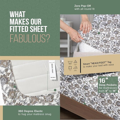 TEXAS LINEN CO. 100% Organic Cotton Printed Sheets Queen Size - 4 PC Organic Cotton Percale Sheets Queen Set (Floral Ivory), Cooling & Breathable Sheet, 16" Deep Pocket Hotel Bedding - GOTS Certified