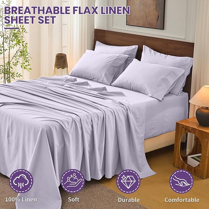 Bedlifes 100% French Linen Sheets California King Size 18-24" Extra Deep Pocket 4-Piece Set Breathable & Moisture-Wicking,Soft & Durable Sheets for Thick Mattresses(Lavender)