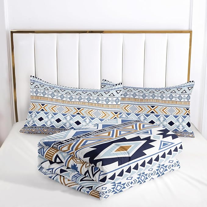 Native American Stripe Comforter Set Full Size Blue Southwestern Bedding Sets 3PCS for Kids Teen Adult Room Decor Ultra-Soft Lightweight Microfiber 1 Comforter with 2 Pillowcases