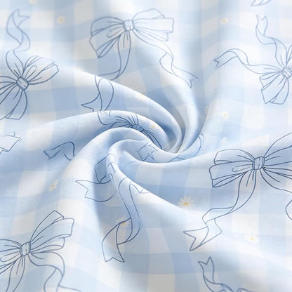 Blue Gingham Queen Comforter Set 3 Pcs Bow Bedding Set for Girls Checkered Plaid Comforter Set with 2 Pillowcases, 90"x90"