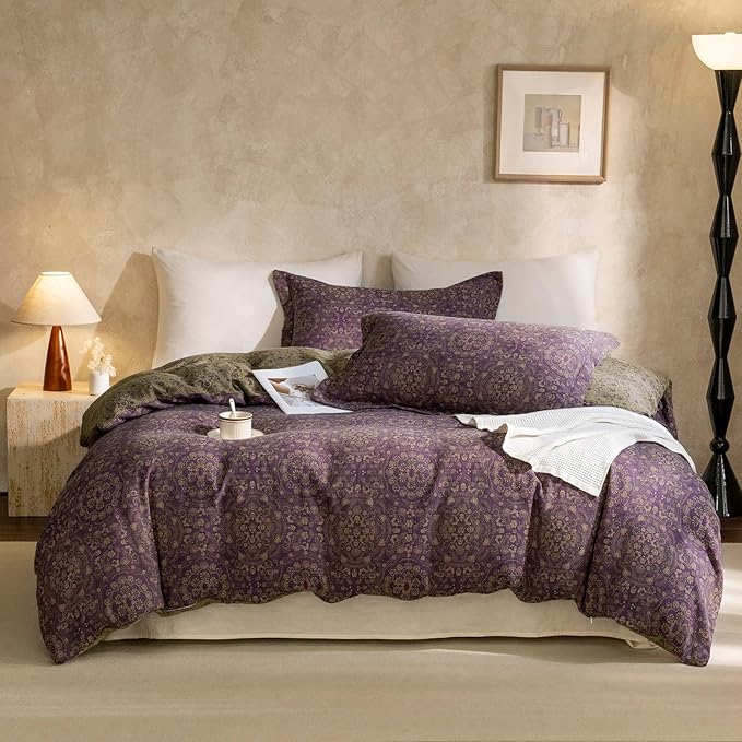 mixinni Purple Green Floral Duvet Cover King Size, Elegant Double-Layer Yarn Premium Cotton Vintage Duvet Cover Set, Exquisite Jacquard Design Bedding Set with 2 Pillowcases Perfect for Him and Her