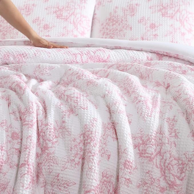 Laura Ashley - Comforter Set, Soft Poly Waffle Textured Bedding with Matching Shams, Delicate Floral Design (Delphine Pastel Pink, Full/Queen)