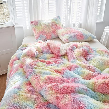 Luxury Faux Fur Shaggy Comforter Set Twin Size, Plush & Sherpa Reversible Comforter Tie Dye Rainbow, 3 Pieces Fluffy Fuzzy Bedding Set Ultra Soft and Warm for Winter (1 Comforter + 2 Pillowcases)