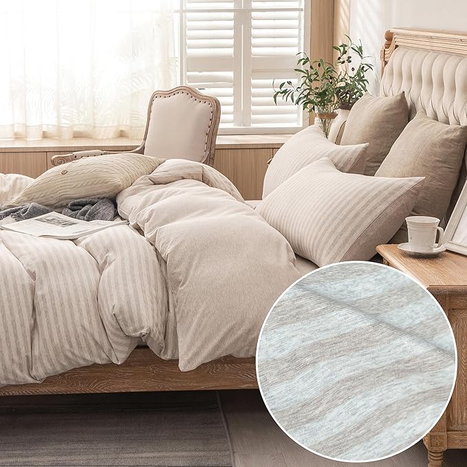 PURE ERA Jersey Knit Pillowcases 100% T-Shirt Cotton Super Soft Comfy Breathable, Set of 2, Standard 20" x 26", Heather Beige Stripe