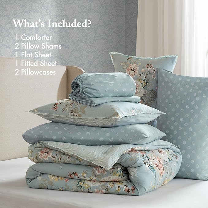 Madison Park Essentials Floral Comforter Set KING Size, Vintage Flower Bedding Set with Sheet Set, 7 Pieces Bed in a Bag with Reversible Botanical Comforter and Pillowcases & Shams, Heather, Soft Blue