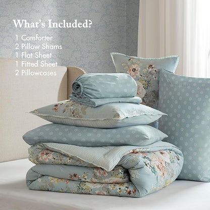 Madison Park Essentials Floral Comforter Set KING Size, Vintage Flower Bedding Set with Sheet Set, 7 Pieces Bed in a Bag with Reversible Botanical Comforter and Pillowcases & Shams, Heather, Soft Blue