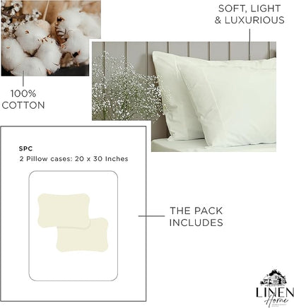 Linen Home 100% Cotton Percale Pillowcases Queen/Standard Size, Cream, 2 Pieces of Pillow Case, Crisp and Cool Strong Bed Linen, 20 inches X 30 inches