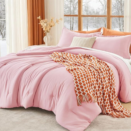 MUXHOMO Pink Queen Comforter Set, All Season Ultra Soft Down Alternative Bedding - 3 Piece Lightweight Bed Set Includes 1 Comforter (90"x90") and 2 Pillow Shams (20"x26")