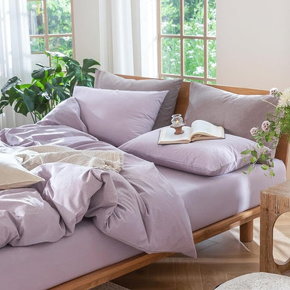 MooMee Bedding Pillowcases Pack of 2 100% Washed Cotton Linen Like Textured Breathable Durable Soft Comfy (Heathered Light Purple, King)