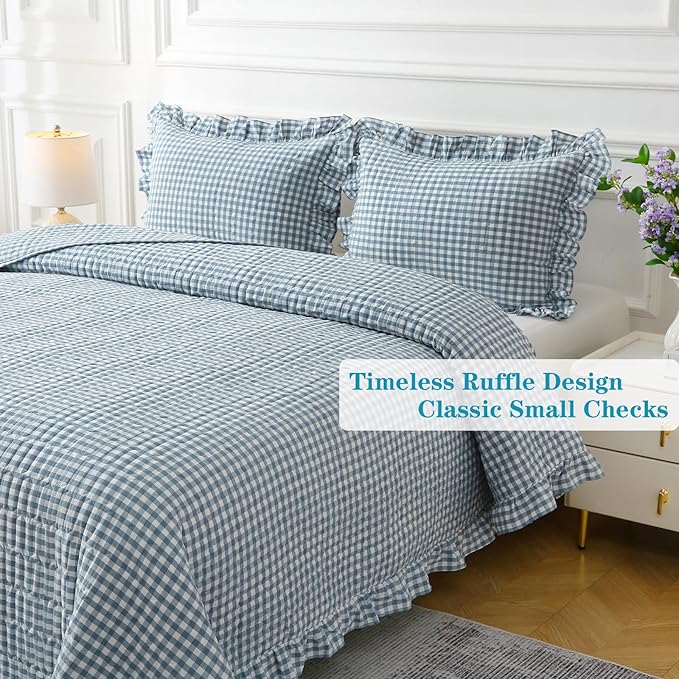 Dust Blue White Ruffle Gingham Quilt Set Queen Size with 2 Pillow Shams, 100% Washed Cotton Yarn-Dyed Quited Bedspread Farmhouse Bedding Set (Dust Blue, Queen) | Ruffle quilt, Gingham quilt, 100% washed cotton
