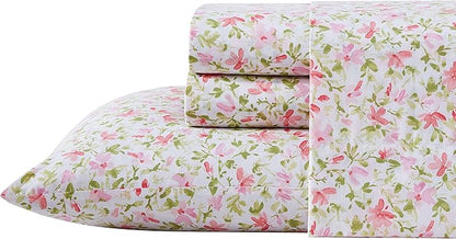 Laura Ashley - Twin Sheets, Cotton Percale Bedding Set, Lightweight & Breathable Home Decor, Dorm Room Essentials (Norella Pink, Twin)