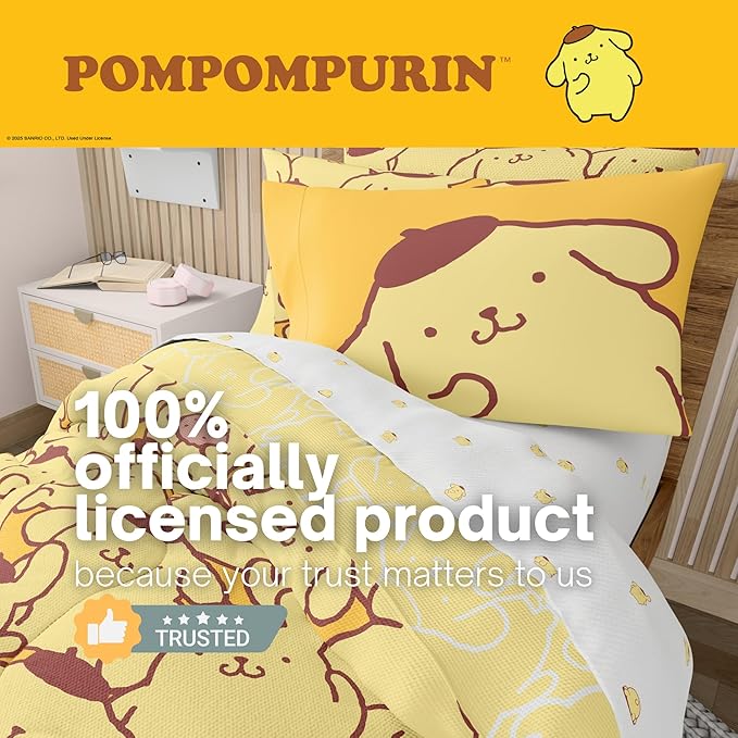 Sanrio Pompompurin Bedding Set, Queen Size 7 Piece Set Kids Super Soft Cozy Reversible Comforter and Sheet Set with Sham, (100% Officially Licensed Product) by Franco
