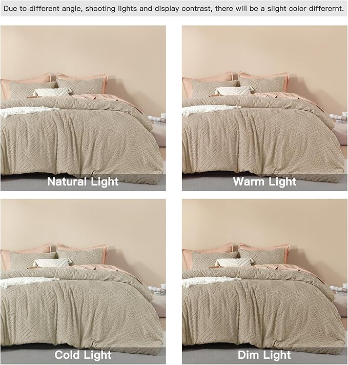 Litanika California King Comforter Set Wheat, 3 Pieces Tufted Boho Farmhouse Bedding Comforter Sets, Lightweight Fluffy Comforter Bed Set All Season (104x96In Comforter & 2 Pillowcases)