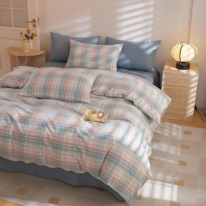 EAVD Cotton Grid Plaid Duvet Cover Full Size Colorful Gingham Duvet Cover Set 3 Pieces Modern Grid Checkered Bedding Set with 2 Pillowcases Reversible Gingham Bedding Set for Girls Boys Women Men