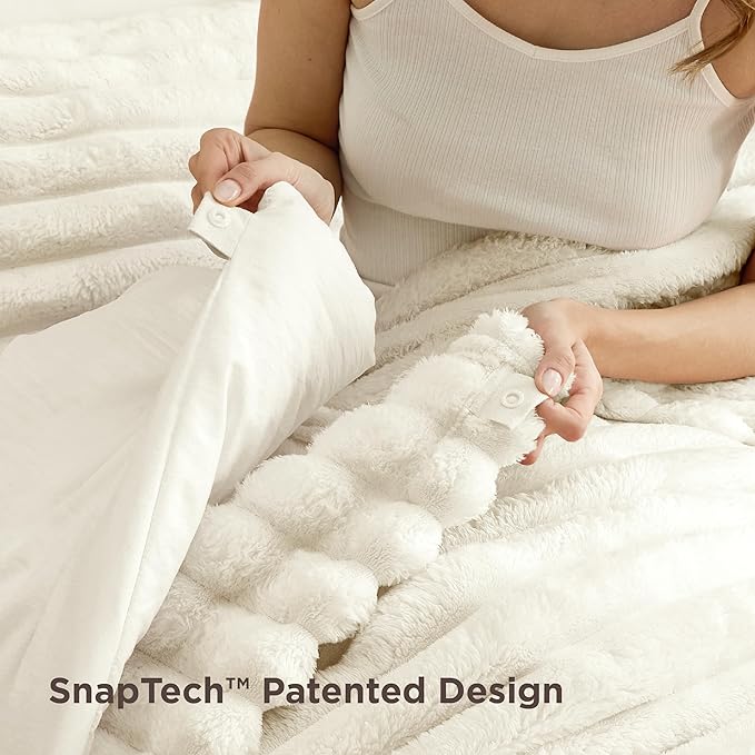 Bedsure Gentlesoft 2-in-1 Queen Comforter Set and Detachable Fluffy Blanket, Cream White Bedding Set for All Season Use, SnapTech Design for Space Saving (Includes 2 Pillow Shams, 2 Pillowcases)
