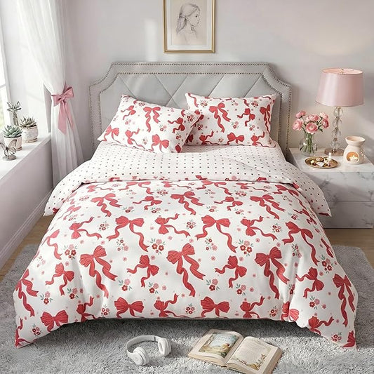 Red Bow Comforter Set Twin for Girls, 2Pcs Ribbon Bowknot Bedding for Kids Kawaii Bedroom Decor, Dreamy Priness Girly Puple Stripe Bows Comforter Set with 1 Pillowcase, 68"x86"
