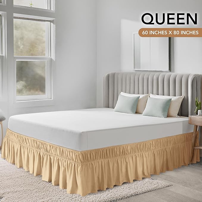 Wrap Around Ruffle Queen Size Bed Skirt – Adjustable Buckle & Elastic Belt for Easy Installation, 16 Inch Drop – Brushed Microfiber - Machine Washable, Fade and Wrinkle Resistant, Beige