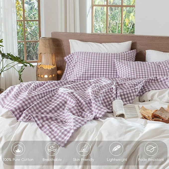 MooMee Gingham Sheet Set 100% Washed Cotton Linen Like Textured Breathable Soft w/Fully Elasticized 16-19" Deep Pocket (Classic Gingham Light Purple, King)