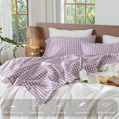 MooMee Gingham Sheet Set 100% Washed Cotton Linen Like Textured Breathable Soft w/Fully Elasticized 16-19" Deep Pocket (Classic Gingham Light Purple, Queen)