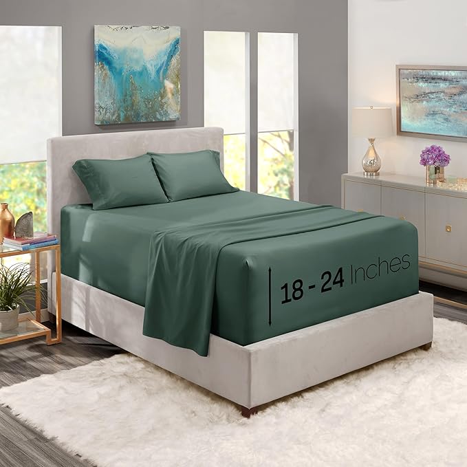 Nestl California King Size Sheet Set, 4 Piece Extra Deep Pocket (18-24 inches), Microfiber, Hotel Luxury, Soft, Breathable, Wrinkle-Free, Easy to Care, Forest Green