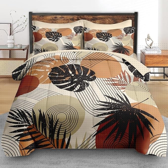 Comforter Set King Size, Boho Retro Leaves Beige 7 Pcs Bedding Set for Kids and Adults, Bohemian Tropical Flower Bed Sheet Sets with Fitted Sheet 2 Pillowcase & 2 Sham for Bedroom Bed Decor