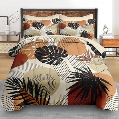 Comforter Set King Size, Boho Retro Leaves Beige 7 Pcs Bedding Set for Kids and Adults, Bohemian Tropical Flower Bed Sheet Sets with Fitted Sheet 2 Pillowcase & 2 Sham for Bedroom Bed Decor