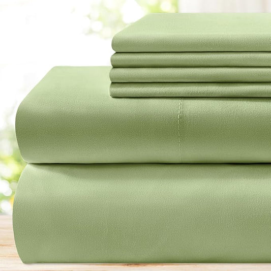 BYSURE 6 Pieces Bed Sheets Set(Queen, Green Sage) - Hotel Luxury Super Soft 1800 Thread Count 100% Microfiber Sheets with Deep Pockets, Wrinkle & Fade Resistant