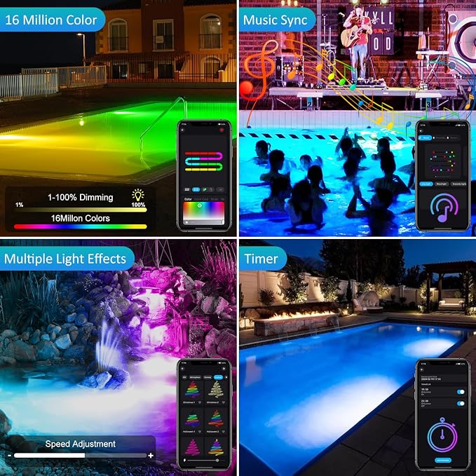 T-SUN Pond Lights LED Underwater 16M Colors with App and Remote 4 Pack | IP68 Waterproof,Dimmable,Timer,Color Changing Fountain Lights led Underwater Pond Lights for Outdoor Pond Koi Aquarium Garden