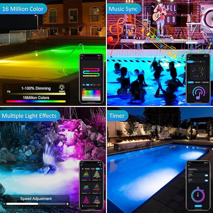 T-SUN Pond Lights LED Underwater 16M Colors with App and Remote 4 Pack | IP68 Waterproof,Dimmable,Timer,Color Changing Fountain Lights led Underwater Pond Lights for Outdoor Pond Koi Aquarium Garden