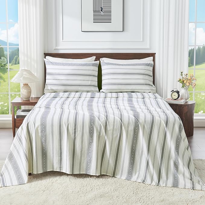 100% Linen Sheets Queen Size,Breathable & Durable 4-Piece Bed Flax Stripes Sheet Set,Soft All-Season Bedding for Hot Sleepers 16" Deep Pocket Oeko-TEX Certified,（Queen, Grey Stripes）