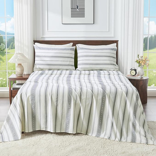 100% Linen Sheets Queen Size,Breathable & Durable 4-Piece Bed Flax Stripes Sheet Set,Soft All-Season Bedding for Hot Sleepers 16" Deep Pocket Oeko-TEX Certified,（Queen, Grey Stripes）