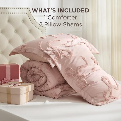 Bedsure Tufted Rose Pink Full Size Comforter, GentleSoft™ 3 Pieces Bow Cute Bedding Pink Room Decor, Gifts for Girls Teens Women, All Seasons, 1 Bed Comforter, 2 Pillow Shams, 82x86 Inches