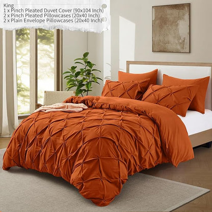 VACVELT 5 Piece Pinch Pleated Duvet Cover King Size Set, Burnt Orange Pintuck Duvet Cover with Zipper & 8 Ties, Shabby Chic Microfiber Duvet Cover + 2 Pillow Shams + 2 Pillowcases, No Comforter