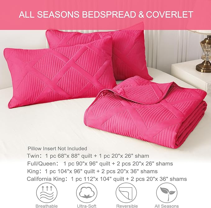 Exclusivo Mezcla King Quilt Set- Hot Pink Quilts Bedding Set with 2 Pillow Shams, Modern King Bedspread with Striped Pattern, Soft Lightweight Bedspreads Coverlets for All Seasons