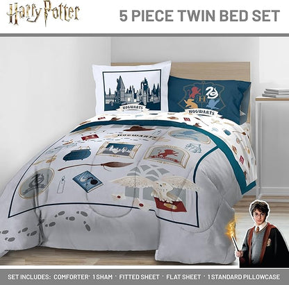 Jay Franco Kids Comforter Set Includes Sheets and Pillow Covers - Soft and Cozy Bed Set for Stylish Room Decor, Dark Grey - Harry Potter, 5 Piece Twin Size Bedding