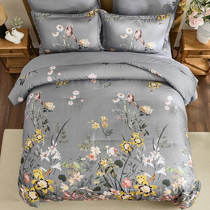 WONGS BEDDING King Comforter Set 7 Piece, Grey Floral Bed in a Bag Bedding Set with Botanical Flowers Patterns, Soft Lightweight Complete Comforters with Sheets for All Season