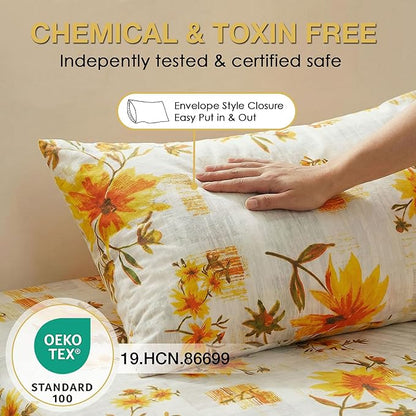 JSD Fall Floral Sheet Set Cal King, 4 Piece Yellow Printed Microfiber Bedding Sheets Extra Deep Pocket