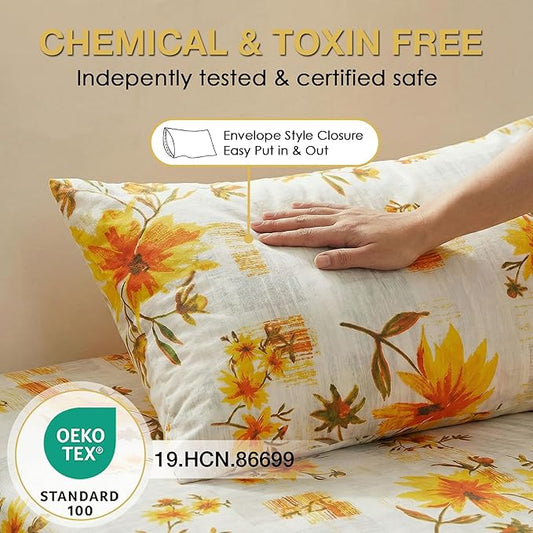 JSD Rustic Yellow Floral King Sheet Set, 4 Piece Printed Microfiber Bedding Sheets Extra Deep Pocket