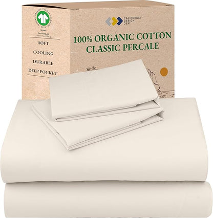 California Design Den King Sheets Set - Soft 100% Organic Cotton Sheets with Deep Pockets, Crisp Percale, Breathable and Durable Bedding Set - Ivory (Cream Tone)