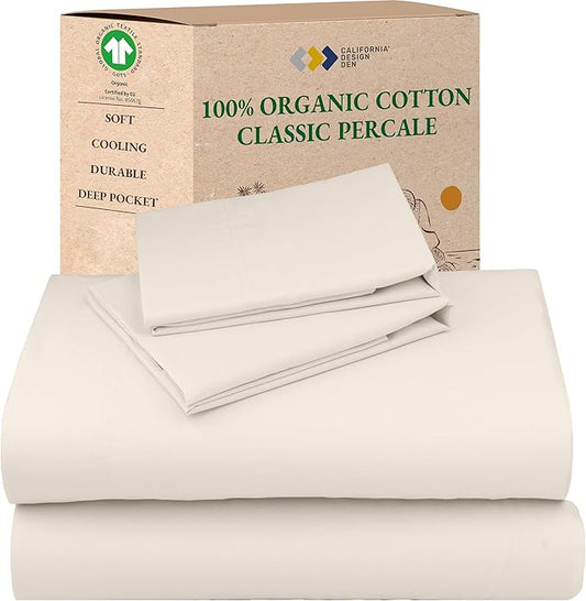 California Design Den King Sheets Set - Soft 100% Organic Cotton Sheets with Deep Pockets, Crisp Percale, Breathable and Durable Bedding Set - Ivory (Cream Tone)