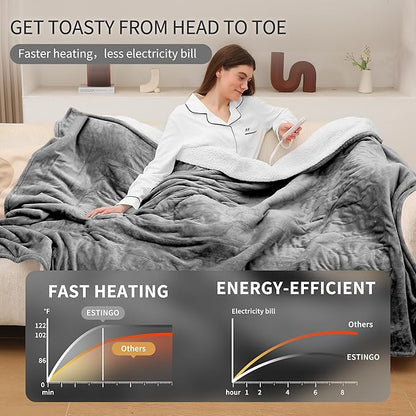 ESTINGO Heated Throw Blanket, Electric Blanket Throw with 5 Heating Levels & 4 Hours Auto Off, Super Soft Flannel Sherpa Fast Heating Blanket with ETL Certified for Bedding, 50"x60", Cool Gray