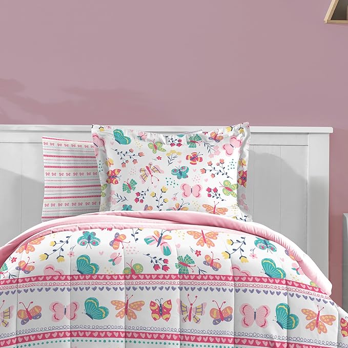 Dream Factory Kids 7-Piece Complete Bed Set Easy-Wash Super Soft Microfiber Comforter Bedding, Full, Pink Butterfly Garden