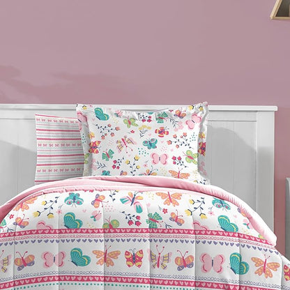 Dream Factory Kids 7-Piece Complete Bed Set Easy-Wash Super Soft Microfiber Comforter Bedding, Full, Pink Butterfly Garden