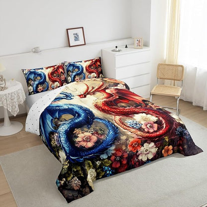 Castle Fairy Chinese Loong Kids Comforter Set,Wild Animals Dragon Bedding Set All Season,Watercolor Flowers Comforter 2 Pcs with 1 Pillowcase,Toddler Size
