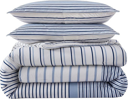 Eddie Bauer - Twin Comforter Set, Cotton Bedding with Matching Sham, Two-Piece Back Closure, Dorm Essentials (Cooper Stripe Blue)