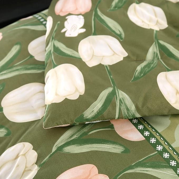 SDIII Rabbit and Green Floral Comforter Set Full 3 Pieces, Soft Microfiber Green Floral Comforter Full Size, Botanical Bedding Set All Season