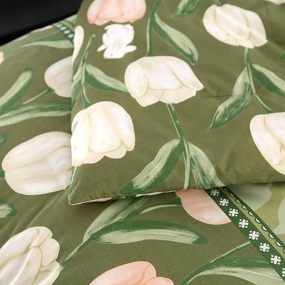 SDIII Rabbit and Green Floral Comforter Set Full 3 Pieces, Soft Microfiber Green Floral Comforter Full Size, Botanical Bedding Set All Season