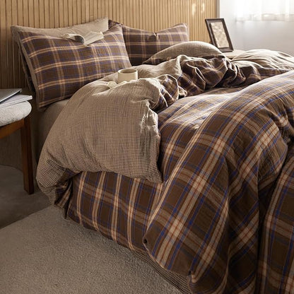 EAVD Vintage Style Blue&Brown Plaid Duvet Cover Twin Soft 100% Muslin Cotton Brown Green Blue Grid Checkered Plaid Bedding Set with 2 Pillowcases Reversible Farmhouse Gingham Duvet Cover with Zipper