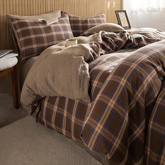 EAVD Vintage Style Blue&Brown Plaid Duvet Cover Twin Soft 100% Muslin Cotton Brown Green Blue Grid Checkered Plaid Bedding Set with 2 Pillowcases Reversible Farmhouse Gingham Duvet Cover with Zipper
