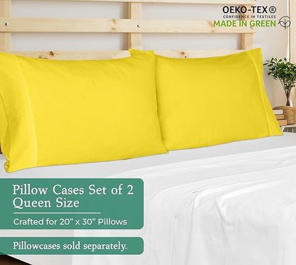 Royale Linens Queen Pillowcase Set of 2 - Bed Pillow Cover - 20" x 30" - Pillowcases - 1800 Brushed Microfiber, Wrinkle & Fade Resistant - Soft & Cozy- Queen Size Pillow Case (Yellow)